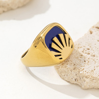 Bague unisexe tendance en acier inoxydable 316L plaqué or 18 carats, motif soleil et aube en émail bleu, coupe princesse carrée, pour usage quotidien