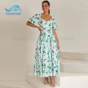 Neuankömmlinge schicke V-Ausschnitt elastische Schultern kurze Puff ärmel versteckte Reiß verschluss 100% Baumwolle Damen Blumen Maxi kleid für Frauen