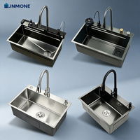 Fregadero de cocina de un solo seno de acero inoxidable 304 negro nano, hecho a mano, con lavavasos y grifo extraíble