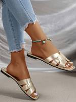 Sandales plates pour femmes à bout ouvert, avec bande tressée dorée métallique en cuir PU, ornements de perles, logo personnalisé, vente en gros