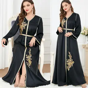 2023 Abaya wanita kerah V lengan panjang Dubai jubah hitam Festival wanita Muslim Abaya bordir La