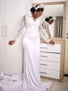 Mumuleo cuello en <span class=keywords><strong>V</strong></span> árabe Aso Ebi de talla grande perlas pesadas cuentas sirena vestido de novia ilusión manga larga satén vestidos de novia de lujo - Product Image 4