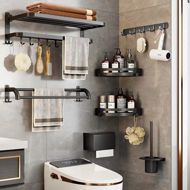 Modern Rust-Proof Space Aluminum Bathroom Accessories Set Wall Mounted Towel Rack Tissue Holder Toilet Brush Hardware Kit