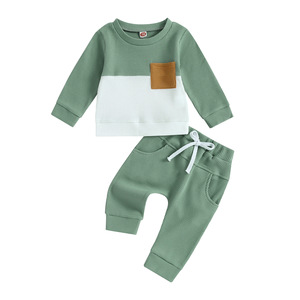 Trendy outfit voor babyjongens, kleurblok wafelprint, zachte katoenen stof, top met opgestikte zak & joggingbroek, casual <span class=keywords><strong>set</strong></span> - Product Image 4