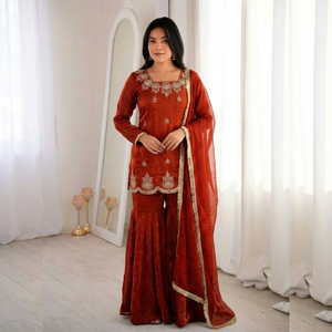 Traje Sharara Étnico de Seda para Mujer con Bordado de Diamantes Zarkan, Salwar Kameez de Terciopelo, Dupatta Elástica Antiarrugas para Boda - Product Image 1