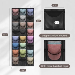 <b>Hat</b> Organizer Rack 24 Pockets Deeper Storage For Baseball Caps Door Wall Hanging With 3 Hooks Black - Product Image 2