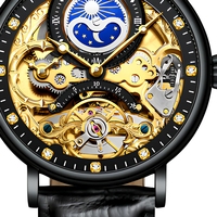 Montre mécanique automatique squelette pour homme avec affichage des phases lunaires, cadran ajouré, bracelet en cuir véritable, montre de luxe pour homme d'affaires