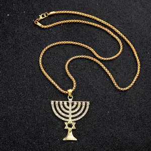 Benutzer definierte personal isierte Menorah Anhänger Halskette Gold Farbe mit Zirkon Einstellung Magen Stern von David jüdischen religiösen Israel Schmuck