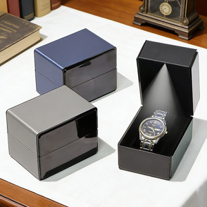 Elegante Caja Rectangular para Reloj, Modelo <span class=keywords><strong>AMB</strong></span>, Iluminada, con Tapa Abatible, de Cuero PU, Color Negro, para Regalo, Embalaje para Relojes Mecánicos - Product Image 4