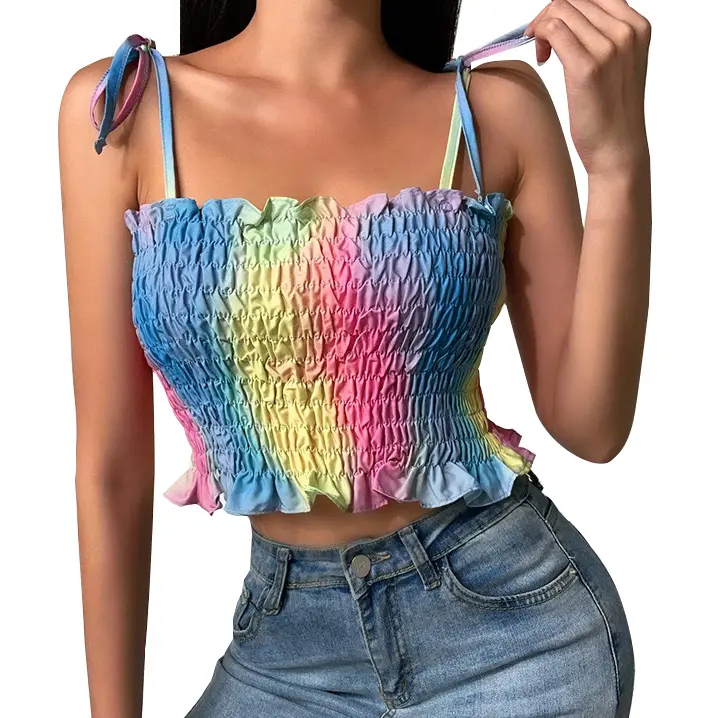 Top safra mulher tie dye magro ruffle hem tanque camis tops halter colete mulheres moda spaghetti Cropped desgaste causal camisola