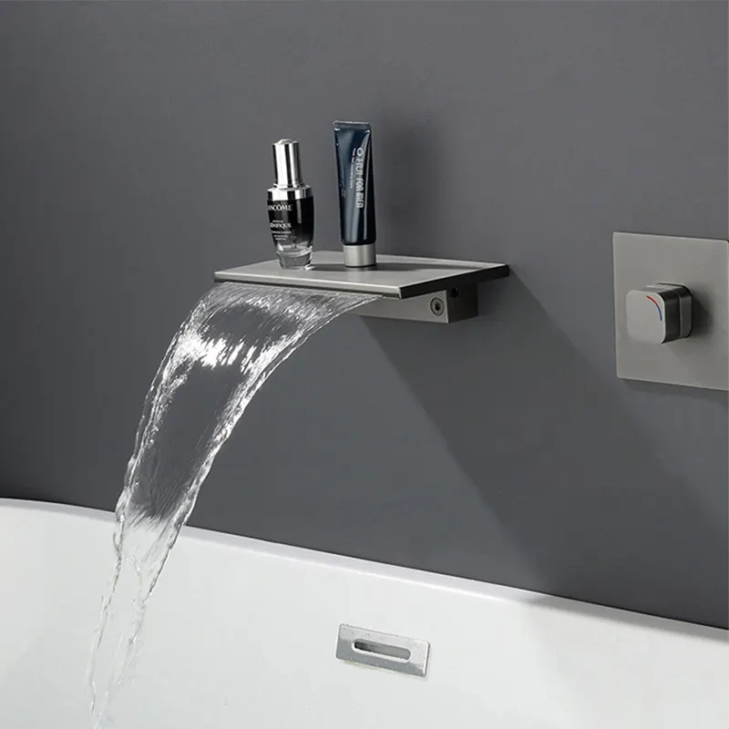 Gun Gray Single Handle Wall Mounted Lavatory Faucet Waterfall Spout Bathroom basin faucet