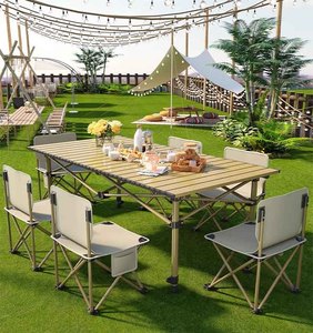 Conjunto de Mesa e Cadeiras Dobráveis de Metal Moderno para Exterior com Equipamento Completo para Churrasco para Praia, Camping, Piqueniques e Jantares - Product Image 2