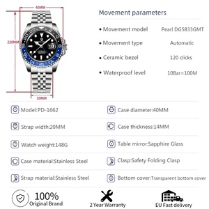 Montres PAGANI DESIGN PD1662 Version GMT pour hommes, montre mécanique automatique de luxe en saphir, 40 mm, acier inoxydable, étanche - Product Image 6