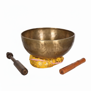 Grand bol chantant tibétain en laiton avec coussin doré et deux baguettes en bois pour la méditation et la relaxation. - Product Image 1