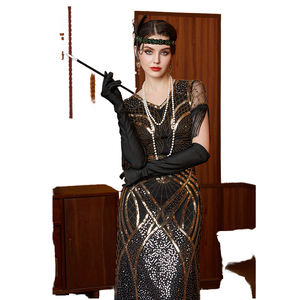 Vintage 1920s Flapper Gatsby Sequin Embroidered Short Sleeve Natural Waist Breathable Long <b>Floor</b>-<b>Length</b> <b>Dress</b> Fringe for Party - Product Image 1
