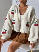 Pull Cardigan Long Femme Tendance Grande Taille avec Broderie Cerise et Manches Lanterne – Qualité Supérieure – Nouvelle Collection