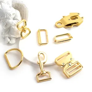 Pet Collar Hardware Kit Gold Quick Release Metal Buckle Tri Glide Metal Adjustment Buckle with D-Ring Buckle Snap Dog Hook