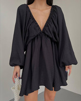 Robe courte texturée pour femme à col en V profond, manches longues bouffantes, col à volants, taille haute et jupe évasée