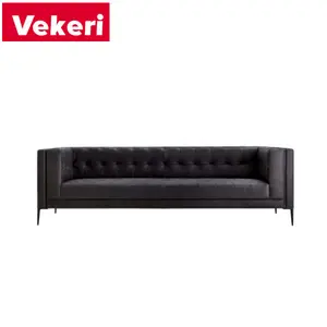 Современный простой стиль чистый черный цвет кожа длинные ножки металлическое основание сиденья гостиная диван для любого случая