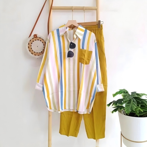 Ensemble décontracté deux pièces pour <span class=keywords><strong>femme</strong></span>, jupe et haut à manches longues, en tissu mélangé tissé à rayures, nouvelle collection été, tailles S-5XL - Product Image 1