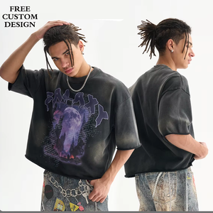 เสื้อยืดวินเทจแขนสั้นทรงหลวม ผ้าฝ้ายผสม ระบายอากาศได้ดี ซับเหงื่อ ป้องกันแสงแดด ชายเสื้อฉีกขาด ขอบเสื้อทำสีซีดแบบวินเทจ - Product Image 1