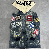 Parka en jean délavé tie-dye vintage pour homme, doublée sherpa, à capuche, longue, avec broderies multiples, fermeture éclair, style streetwear robuste