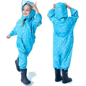 Pakaian Luar Anak-anak Kualitas Tinggi Coverall Tahan Air dengan Tudung Setelan Jas Hujan Satu Potong Jas Hujan Anak-anak