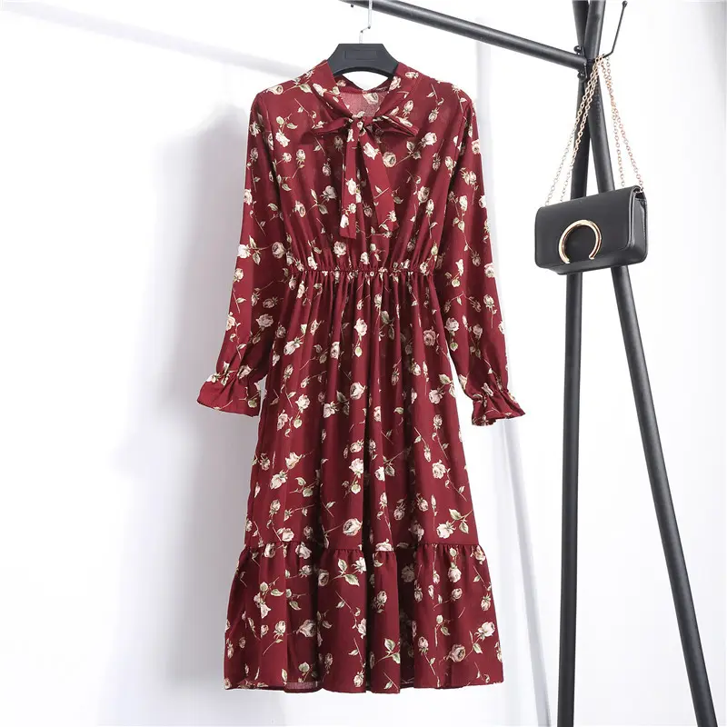 New arrival ladies vintage Floral Printing Chiffon Dress Summer Women Long Sleeved Dress Retro Collar Casual Slimming Dresses