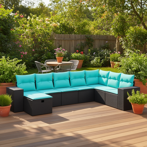 Set di divani da patio in polyrattan nero con cuscini, eleganti mobili da esterno, 8 pezzi - Product Image 2