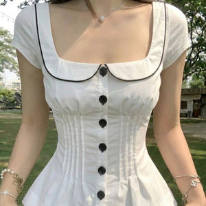 Blusa de manga corta tejida con cuello alto y botones en la cintura, plisada y con volantes, de ajuste regular, para mujer, tops casuales de verano - Product Image 1