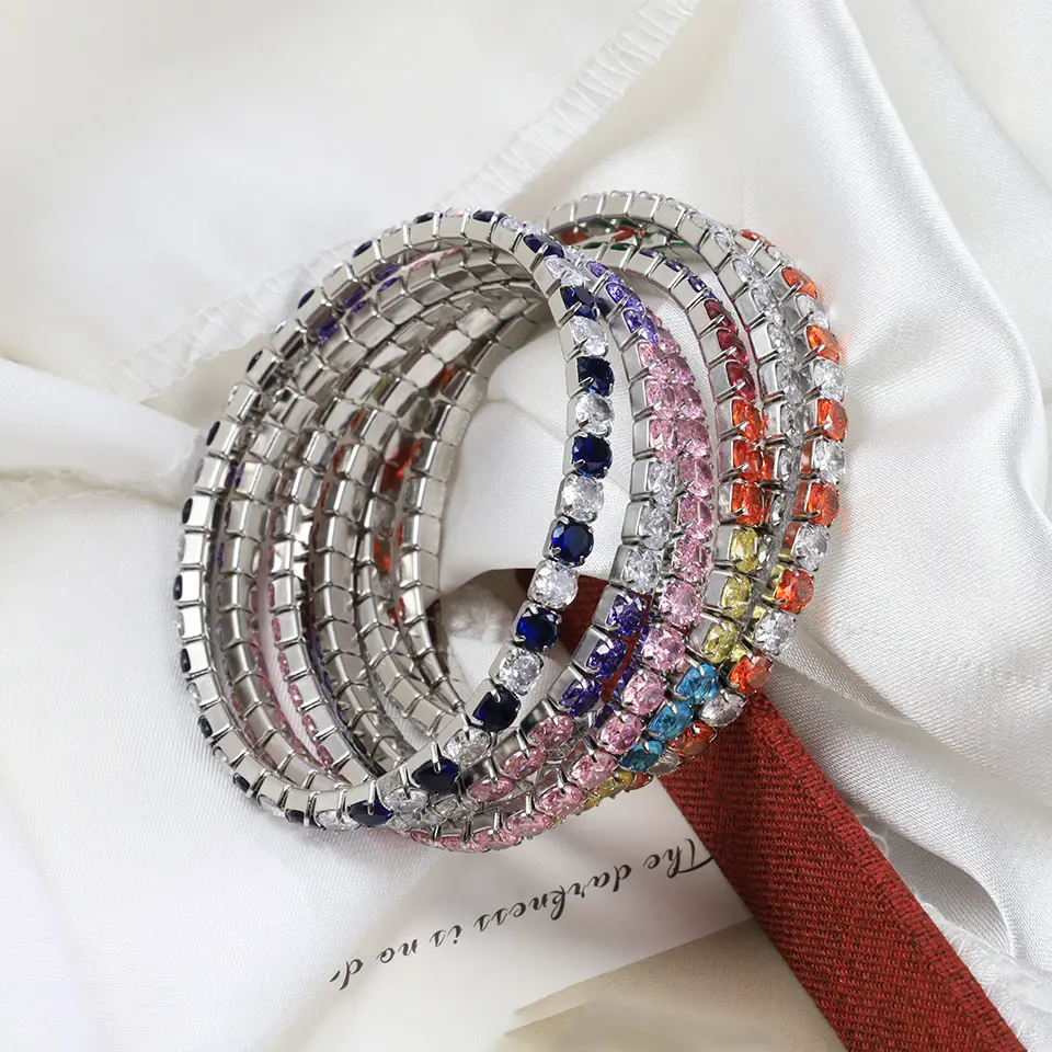 Stainless Steel Adjustable Elastic Colorful CZ Stones Tennis Bracelets Bangle For Women Rainbow Tennis Jewelry