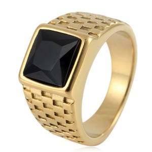 yunnique Geometric Black Onyx Gold Tone <b>Titanium</b> Steel <b>Ring</b> Unisex Wedding Jewelry Gift Bezel Setting Square Design - Product Image 1