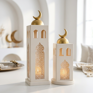 Faroles Blancos con Forma de Mezquita y Cúpula Dorada, Portavelas sin Llama para Decoración del Hogar en Ramadán - Product Image 3