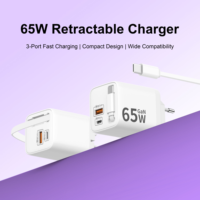 Cargador Justlink PD de 65W GaN con Adaptador USB-C y USB-A, Enchufe EU/US/UK, Cargador de Pared USB-C con Cable Retráctil para iPhone