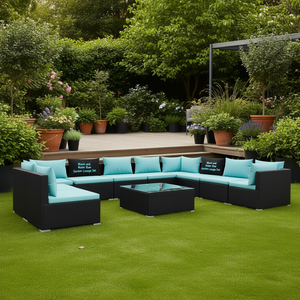 Set da giardino in rattan nero e blu acqua, 10 posti, mobili da esterno dal design contemporaneo - Product Image 2