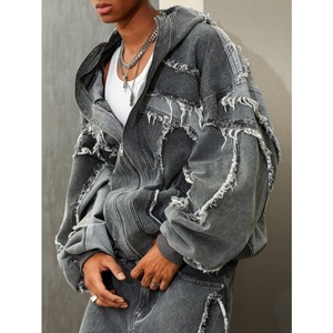 Sudadera con capucha de cremallera completa, estilo streetwear, con efecto denim, patchwork, de 400 gramos, extragrande, con efecto desgastado, personalizada. - Product Image 2