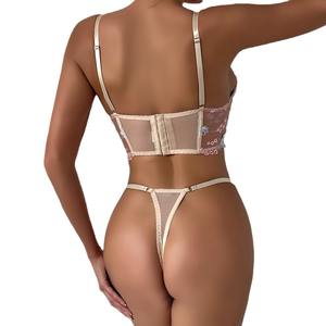 Conjunto de lencería romántica de lavanda con bordado floral, tanga de encaje, sujetador push-up con aros y bragas para mujer - Product Image 5