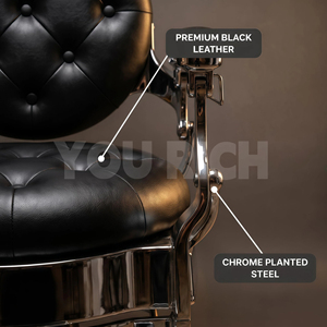 Fauteuil de barbier hydraulique capitonné noir vintage, robuste et inclinable, avec base chromée pour salons de coiffure masculins - Product Image 5