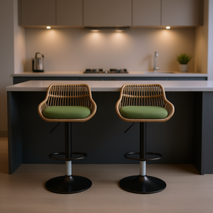 Sillas de Bar Modernas de Ratán con Cojín Verde, Base Metálica Giratoria, Altura de Barra, Muebles para Cocina y Comedor - Product Image 2