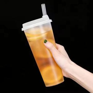 Gobelets en plastique jetables transparents en PP avec logo personnalisé estampé or, couvercles de 90 mm, capacité de 600 ml, pour fêtes, bubble tea, jus et boissons avec pailles - Product Image 2