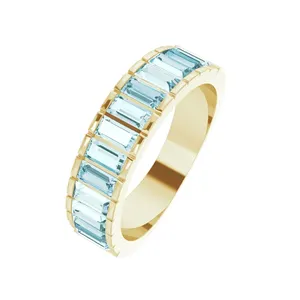 Delicate 925 Sterling Silver Rings Jewelry 14k Gold Finish White Sky Blue Rectangle Zircon Channel-Set For Female