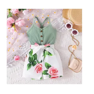 2024 Summer children's clothing solid pit stripe tops+printing shorts boutique girl's two piece outfits kids clothes set