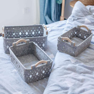 Small Gray Felt Weaving Toys Food Laundry Storage Basket Bin with Wood Handle
