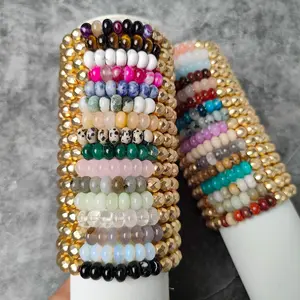 8mm Natural Rondelle Stone Beads Abacus Bracelets With Gold Faceted Hematite Bead Elastic Bracelet Gifts