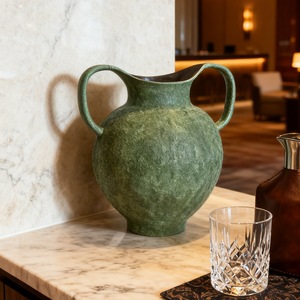 Vaso in Ceramica Artigianale Yun She Jingdezhen, Stile Classico Retrò Verde Opaco con Due Manici, per Fiori Freschi e Coltura Idrica, Decorazione per Soggiorno - Product Image 4