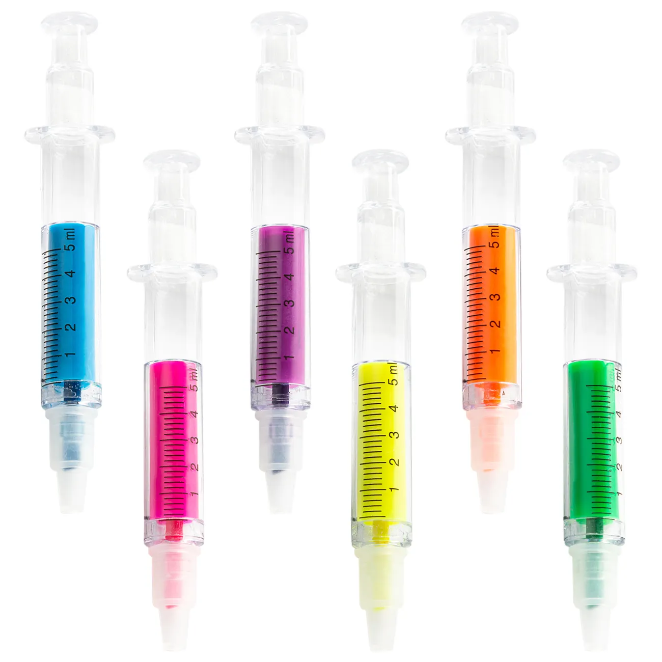 Çok renkli plastik enjeksiyon vurgulayıcı kalem toptan şırınga kalem