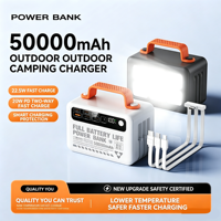 Batterie externe portable 22,5 W 50000 mAh avec lampe de camping intégrée et câbles intégrés, logo personnalisable, idéale pour les événements en extérieur