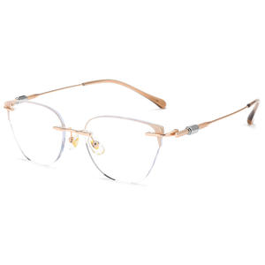 Gafas de montura completa con corte de diamante para miopía, gafas de moda para mujer, estilo ojo de gato, oro rosa, montura de gafas de titanio puro ultraligera, cara ovalada 9052 - Product Image 5