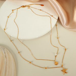 Collar de Doble Capa con Diseño de Estrella de Mar y Concha, Acero Inoxidable, Chapado en Oro de 18K, Cadena para Clavícula, Estilo Vacaciones de Verano, Joyería para Fiesta - Product Image 3