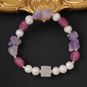 Pulsera de Perlas Naturales de Agua Dulce Únicas para Mujer, Chapada <span class=keywords><strong>en</strong></span> Oro de 18K, con Cuentas de Amatista Cruda, <span class=keywords><strong>Calcedonia</strong></span> Rosa y Cuarzo Rosa - Product Image 1